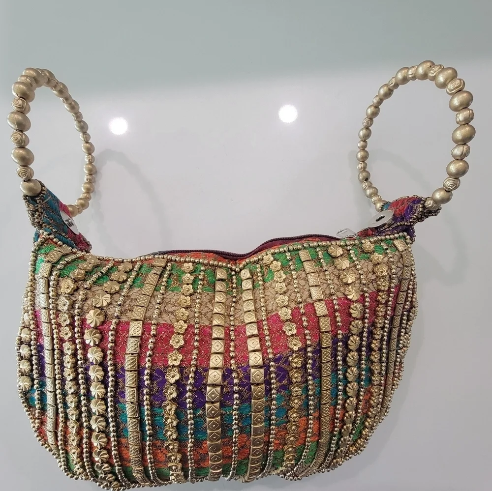Multi-Colored Fortune Cookie Handbag With Gold Embellishments